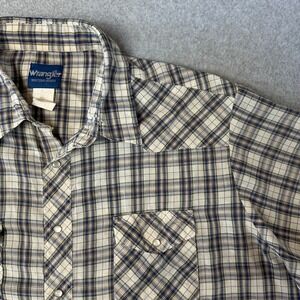 Wrangler Western Shirt Mens Blue Tan Plaid Pearl Snap Short Sleeve Raw Hem 3XL